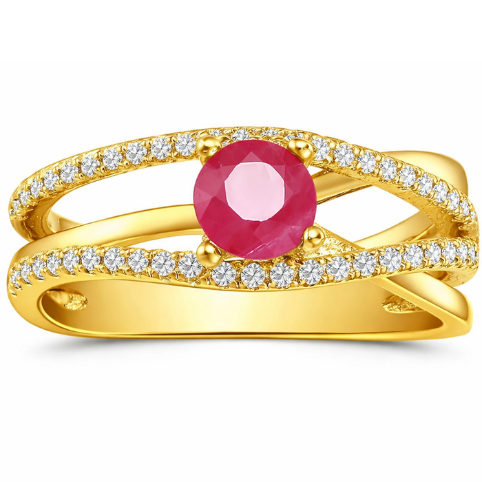 0.65 Ct Round Red Ruby 22k Gold Vermeil Split Band Fashion Prong Pave Ring by Fine Color Jewels