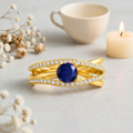0.65 Ct Round Blue Sapphire and White Sapphire Prong 22k Gold Vermeil Pave Split Band Ring by Fine Color Jewels