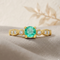 0.89 Ct Round Green Emerald and Moissanite Prong 22K Gold Vermeil Engagement Ring by Fine Color Jewels