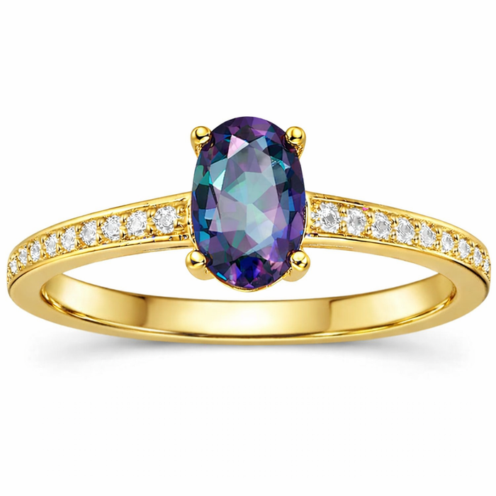 22k Yellow Gold Vermeil Gold Oval Alexandrite Pave Solitaire Ring by Fine Color Jewels