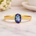 22k Yellow Gold Vermeil Gold Oval Alexandrite Pave Solitaire Ring by Fine Color Jewels