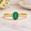 0.85 Ct Oval Green Emerald and Moissanite Prong 22K Gold Vermeil Pave-set Solitaire Ring by Fine Color Jewels