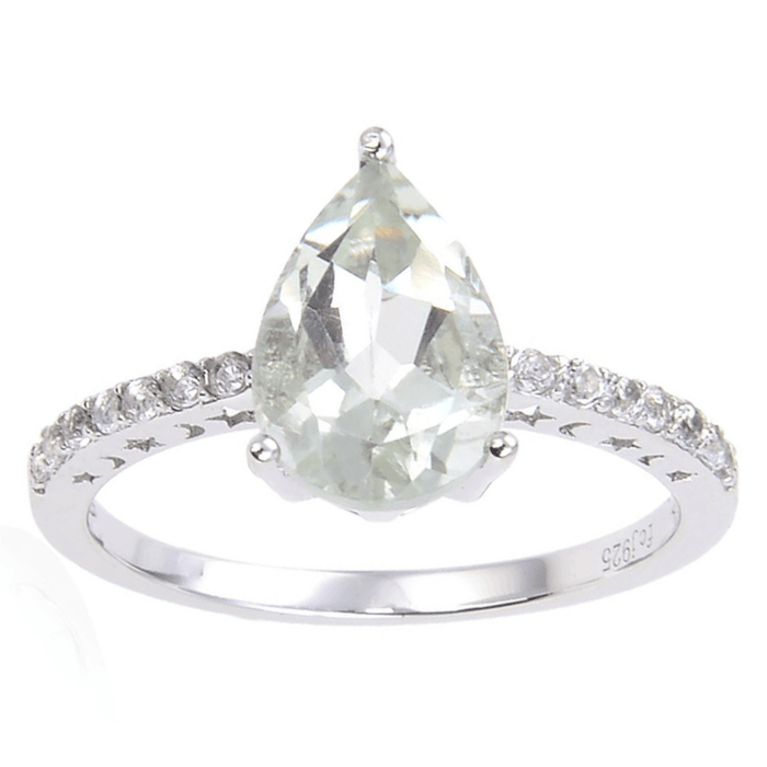 0.35 Ct Pear Green Amethyst Prong Silver Pave Solitaire Ring by Fine Color Jewels