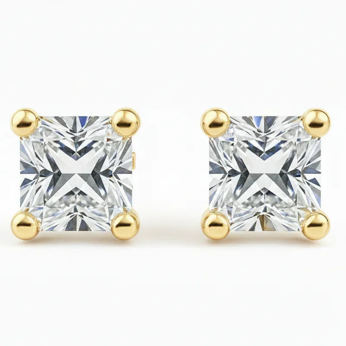 IGI Certified Princess Cut Lab Grown Diamond Solitaire Stud Earrings Yellow Gold by Fine Color Jewels