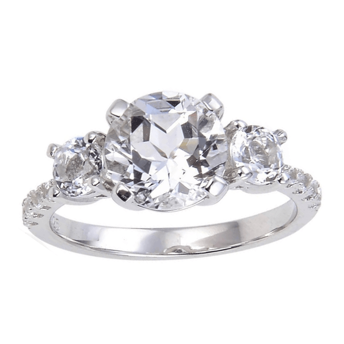White Topaz Round Three Stone Engagement Ring by Fine Color Jewels