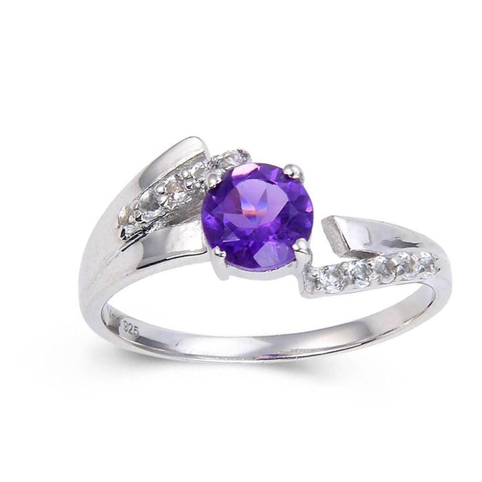 1.10 Ct Round Purple Amethyst and White Topaz Prong Silver Promise Ring by Fine Color Jewels