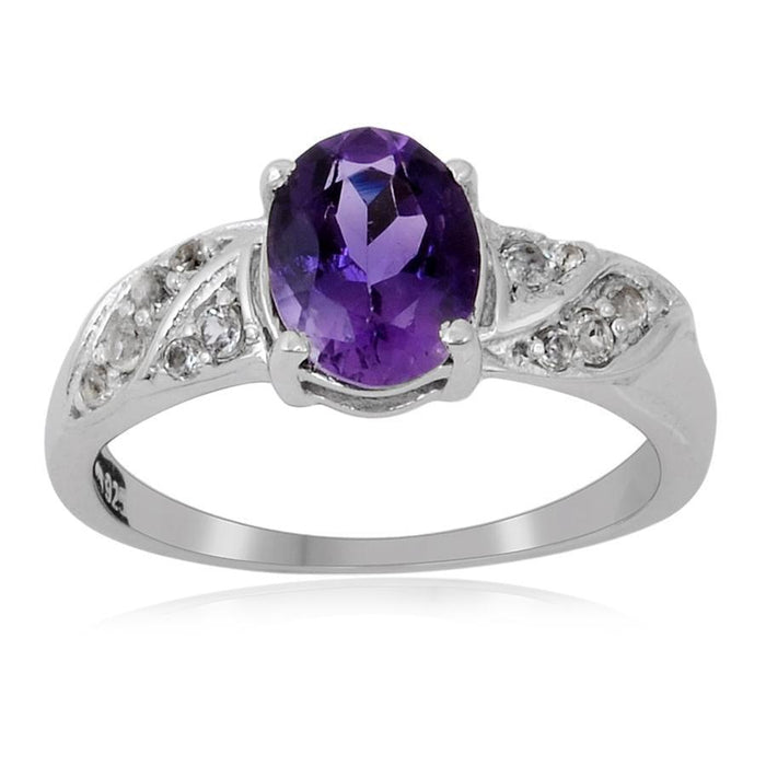 1.40 Ct Oval Purple Amethyst and White Topaz Prong Silver Cocktail Ring by Fine Color Jewels