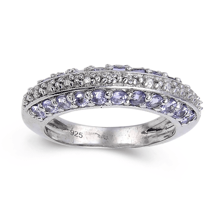 0.90 Ct Round Blue Violet Tanzanite and White Topaz Prong Silver Multi Row Stackable Ring by Fine Color Jewels