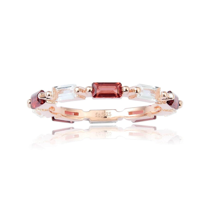 0.75 Ct Baguette Red Garnet and White Topaz Prong Silver Eternity Ring by Fine Color Jewels