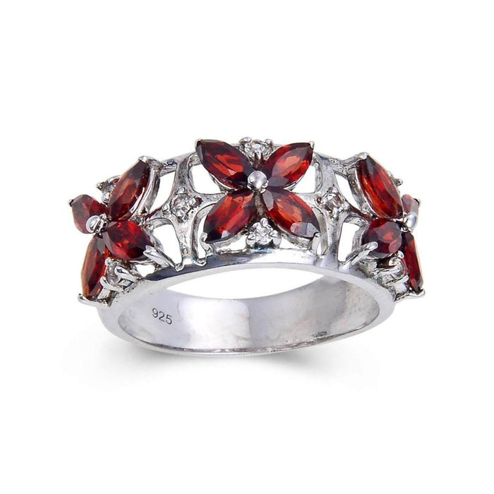 2.44 Ct Marquise Dark Red Garnet and White Topaz Prong Silver Flower Ring by Fine Color Jewels