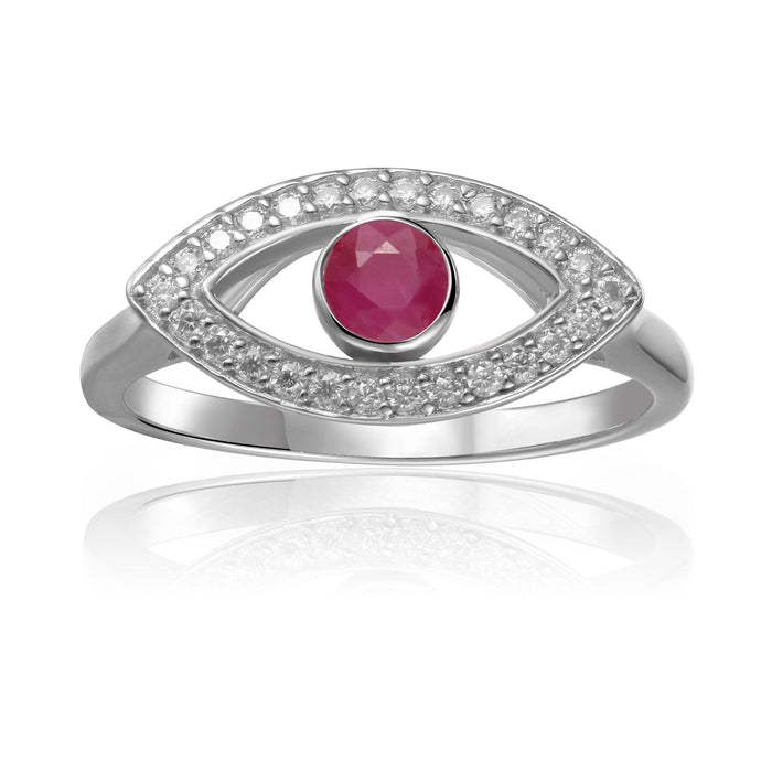 1.3 Ct Round Red Ruby Bezel Silver Evil Eye Ring by Fine Color Jewels