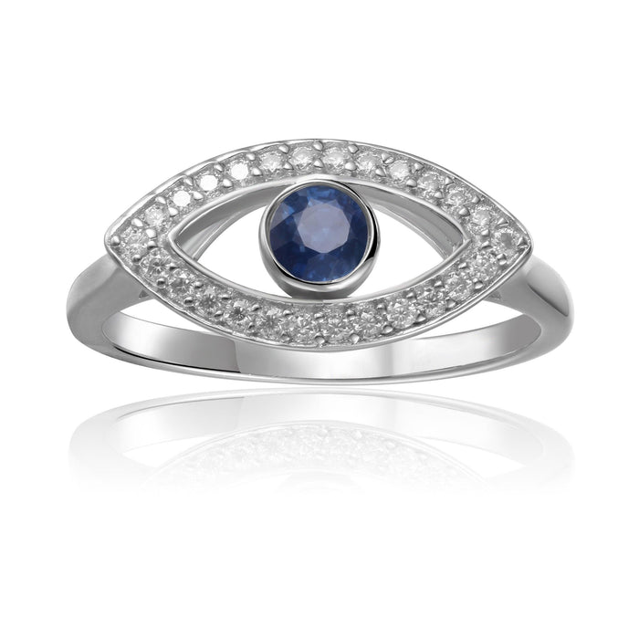 1.3 Ct Round Blue Sapphire Bezel Silver Evil Eye Ring by Fine Color Jewels