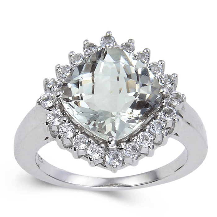 3.80 Ct Cushion Green Amethyst Prong Silver Halo Floral Ring by Fine Color Jewels