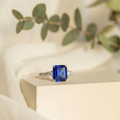3.60 Ct Asscher Lab Created Blue Sapphire Prong Silver Three Stone Ring by Fine Color Jewels