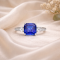 3.60 Ct Asscher Lab Created Blue Sapphire Prong Silver Three Stone Ring by Fine Color Jewels