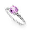 Round Created Pink Sapphire Prong Rhodium Over Silver Solitaire Ring by Fine Color Jewels