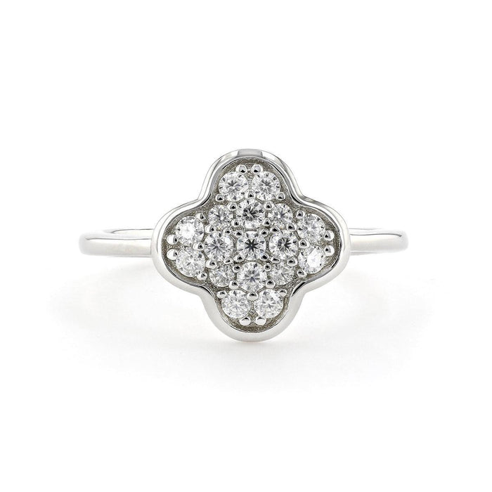 Round White Moissanite Pave Sterling Silver Four Leaf Clover Ring by Fine Color Jewels
