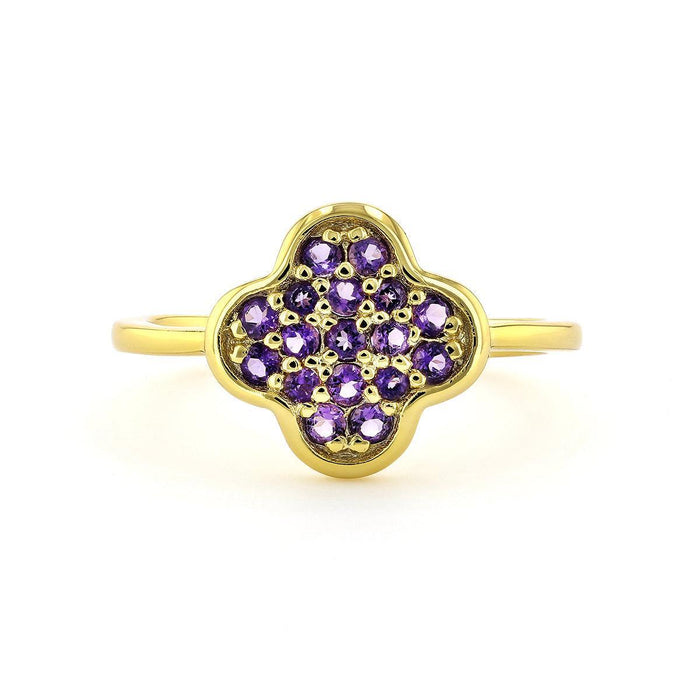 2.54 Ct Round Dark Purple Amethyst Prong Yellow Gold Plated Silver Four Leaf Clover Ring by Fine Color Jewels