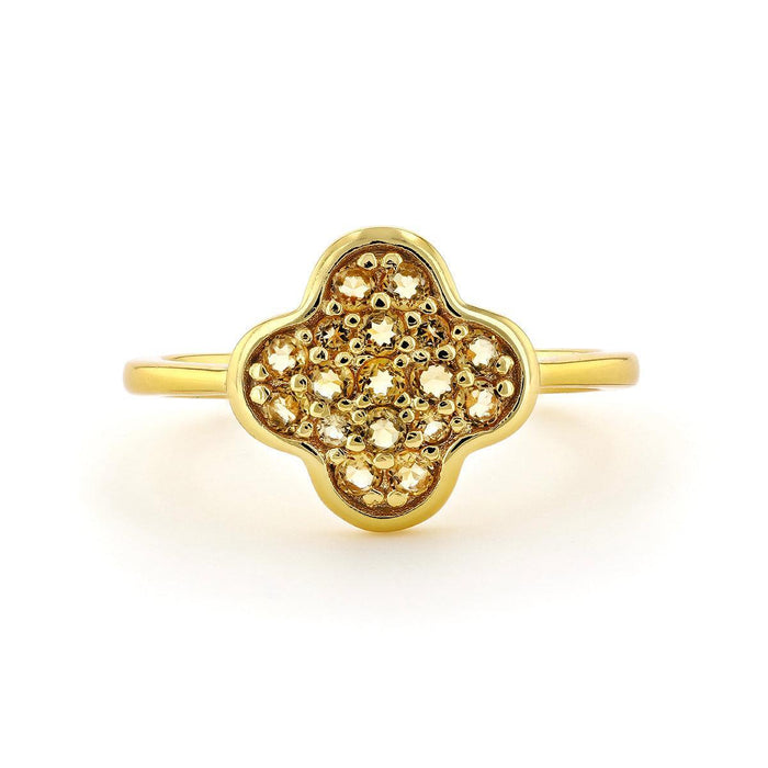 Round Yellow Citrine Pave 18K Yellow Gold Plated Silver Four Leaf Clover Ring by Fine Color Jewels