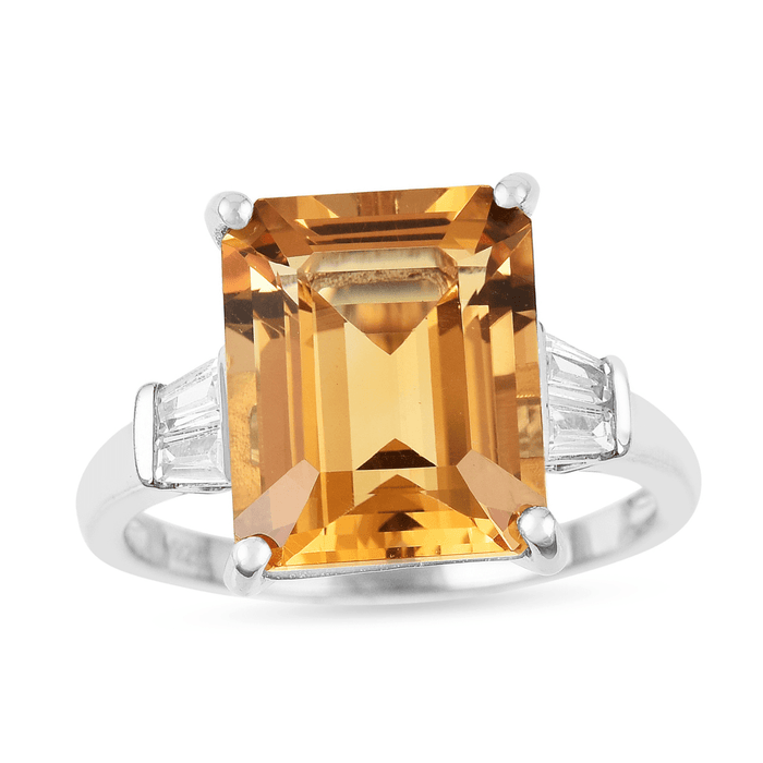 5.5 Ct Octagon Yellow Citrine and White Zircon Prong Silver Statement Solitaire Ring by Fine Color Jewels