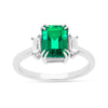 2.04 Ct Octagon Green Colombian Lab Created Emerald and Moissanite Prong Silver Three Stone Statement Ring