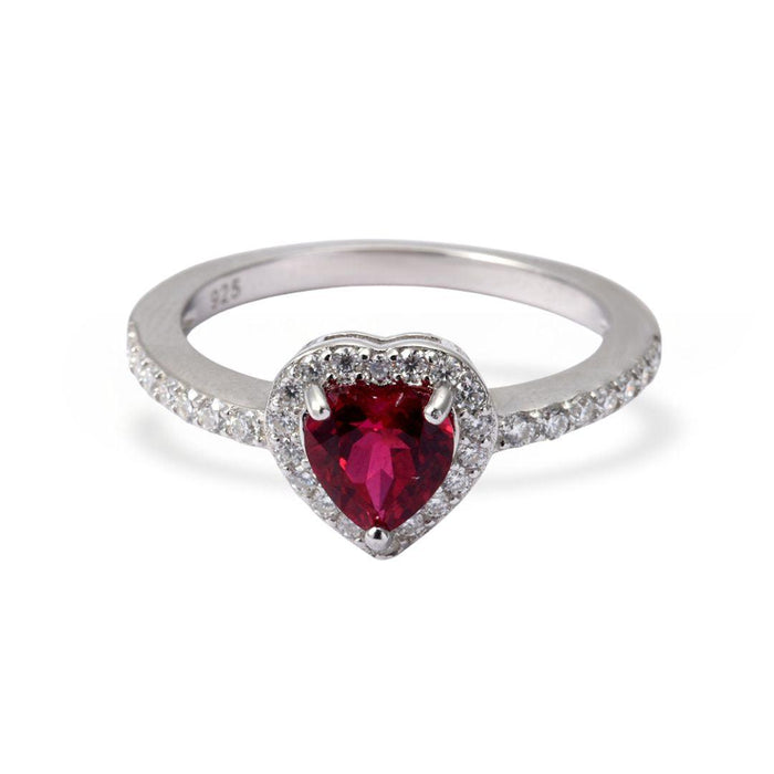Heart Red Lab Grown Ruby Prong Sterling Silver Halo Ring by Fine Color Jewels