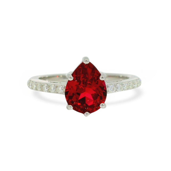 Pear Red Lab Grown Ruby Prong Silver Teardrop Solitaire Ring by Fine Color Jewels