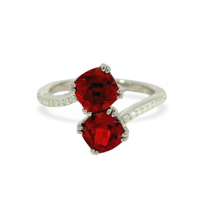 Cushion Red Lab Grown Ruby Silver Bypass Dual Stone Ring by Fine Color Jewels