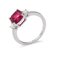 Cushion Red Lab Grown Ruby Prong Silver Three Stone Ring by Fine Color Jewels