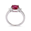 Cushion Red Lab Grown Ruby Prong Silver Three Stone Ring by Fine Color Jewels