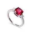 Cushion Red Lab Grown Ruby Prong Silver Three Stone Ring by Fine Color Jewels