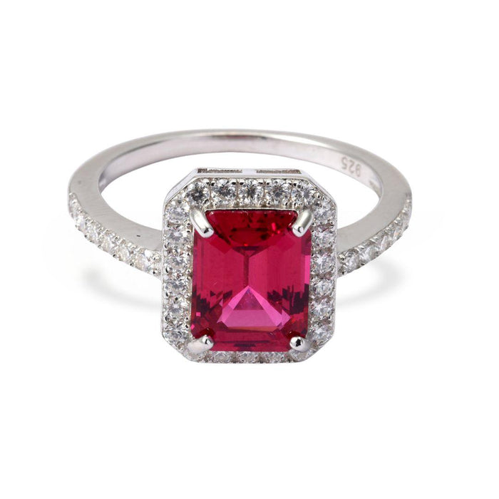 Octagon Created Pink Ruby Prong Silver Halo Ring by Fine Color Jewels