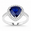 3.47 Ct Pear Ceylon Blue Sapphire and White Diamond Prong 18K White Gold Pave Halo Statement Ring by Fine Color Jewels