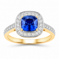 1.31 Ct Cushion Blue Sapphire and White Diamond Prong 18K Yellow Gold Halo Pave Bridge Ring by Fine Color Jewels