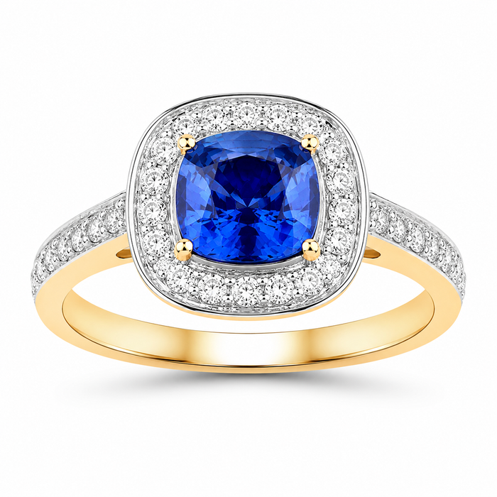1.31 Ct Cushion Blue Sapphire and White Diamond Prong 18K Yellow Gold Halo Pave Bridge Ring by Fine Color Jewels