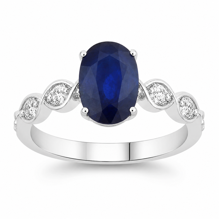 2.57 Ct Oval Ceylon Blue Sapphire and White Diamond Prong 18K White Gold Crossover Wedding Ring by Fine Color Jewels