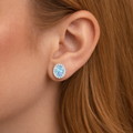 1.40 Ct Oval Blue Aquamarine & Diamond Prong 14k Gold Halo Stud Earrings by Fine Color Jewels