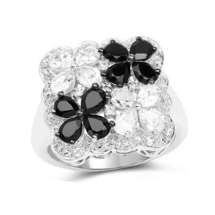 Black Spinel White Topaz Floral Ring by Fine Color Jewels