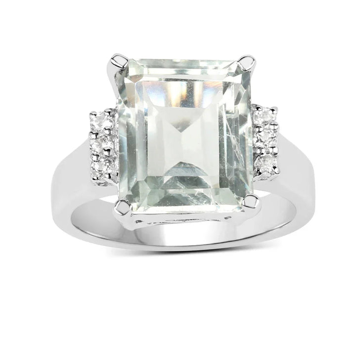 5.54 Ct Octagon Green Amethyst and White Topaz Prong Silver Bold Statement Ring by Fine Color Jewels