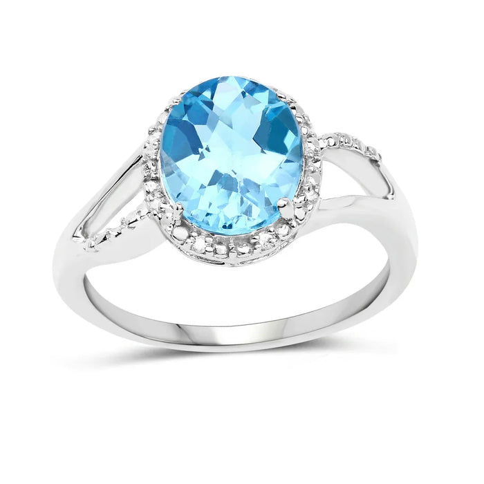 10K White Gold Blue Topaz Halo Ring with White Diamonds by Fine Color Jewels