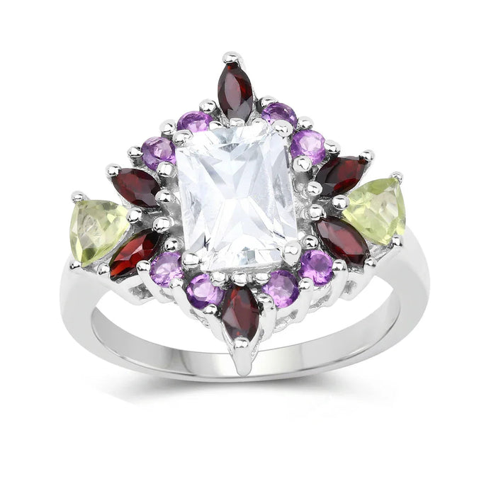 White Topaz Multi Stone Cocktail Sterling Silver Ring by Fine Color Jewels