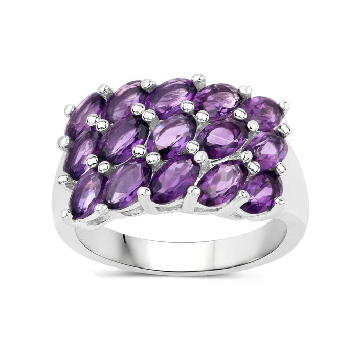 2.70 Ct Oval Purple Amethyst Prong Silver 3 Row Cluster Ring by Fine Color Jewels