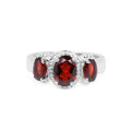 2.62 Ct Oval Red Garnet Prong Silver Halo Three Stone Ring by Fine Color Jewels