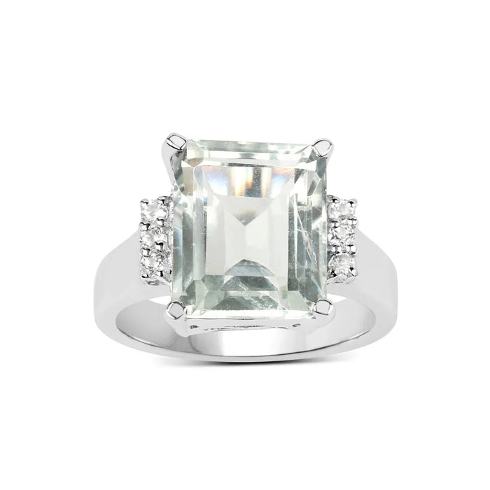 5.54 Ct Octagon Green Amethyst and White Topaz Prong Silver Solitaire Ring by Fine Color Jewels