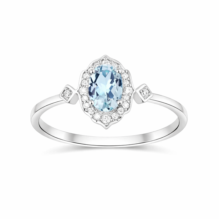 Blue oval Aquamarine Diamond Halo Ring by Fine Color Jewels