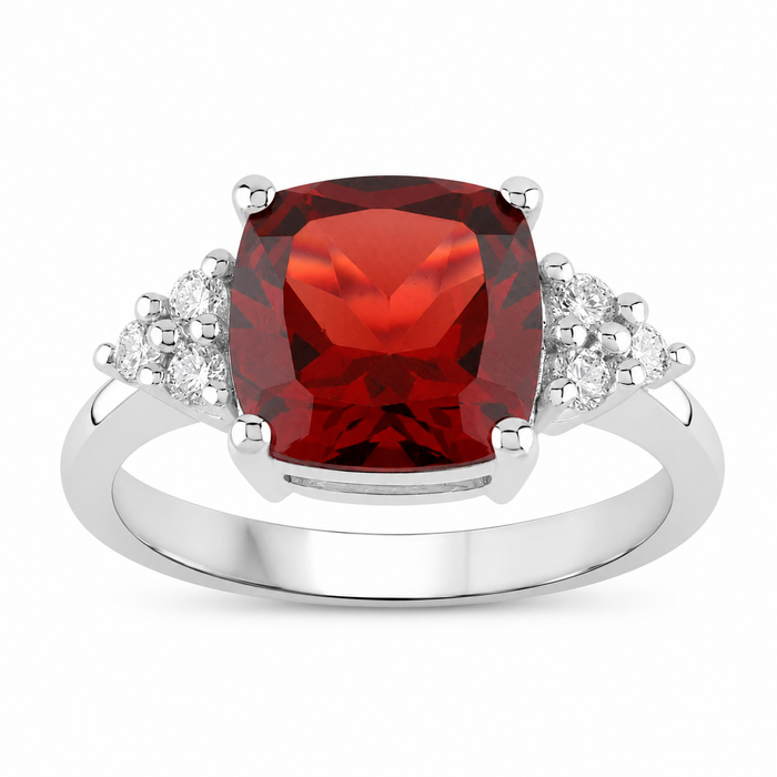 3.50 Ct Cushion Red Mozambique Garnet Lab Diamond Prong Silver Cocktail Ring by Fine Color Jewels