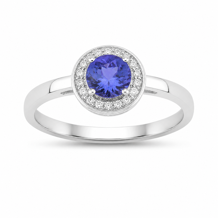 0.47 Ct Round Violet Tanzanite & Lab Diamond Prong Silver Halo Ring by Fine Color Jewels