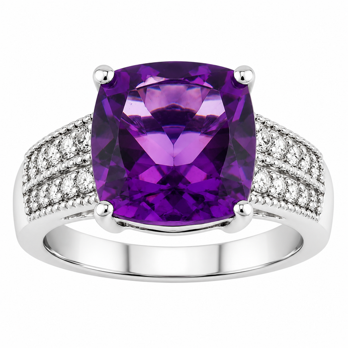 2.60 Ct Cushion Purple Amethyst and Lab Diamond Prong Silver Pave Bridge Ring by Fine Color Jewels