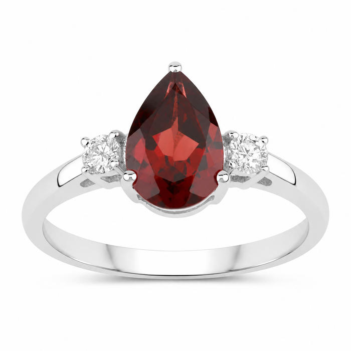1.30 Ct Pear Red Mozambique Garnet and Lab Diamond Prong Silver Three Stone Ring by Fine Color Jewels