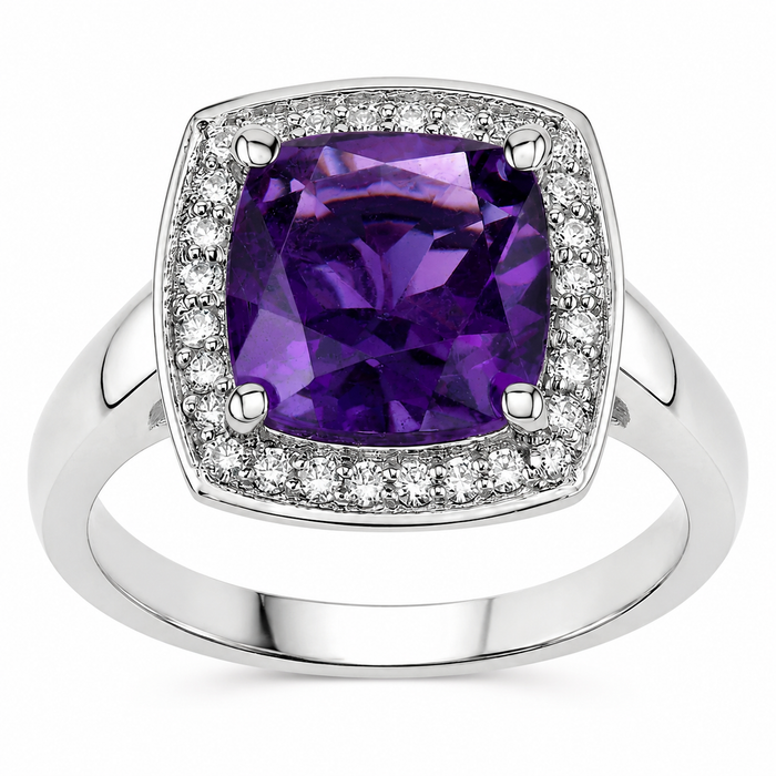 1.80 Ct Cushion Purple Amethyst and Lab Diamond Prong Silver Halo Cocktail Ring by Fine Color Jewels